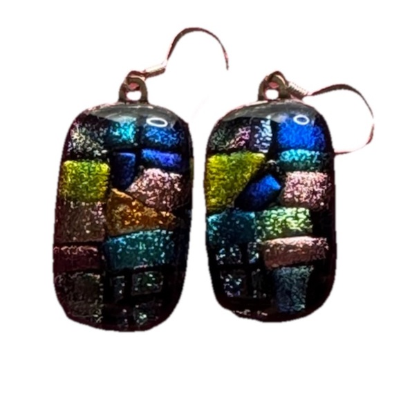 Dichroic Glass Earring. Hook Closure. Multi Colored 1.25” Dangle - Picture 1 of 5
